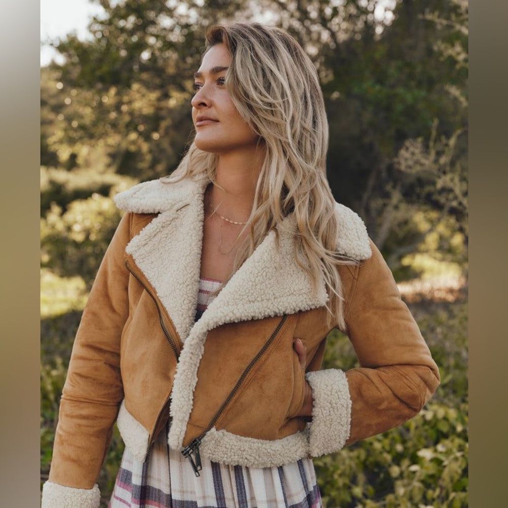 Vegan Suede Sherpa Moto Jacket Chestnut Shearling